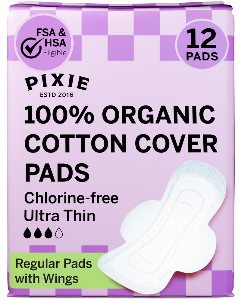 Pixie Organic Cotton Pads for Women - Ultra Thin with Wings, Leak-Proof & Moisture-Wicking - Compostable, Unscented Menstrual Pads - Regular Absorbency - 12 Count